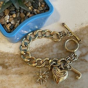 VTG Y2K Juicy Couture Heart, J, Crown Charms Toggle Gold-Tone Heavy Bracelet